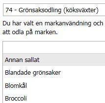 För grödkod 74 Grönsaksodling (köksväxter) är SAM Internets undergröda kopplat till respektive Näsgård gröda.