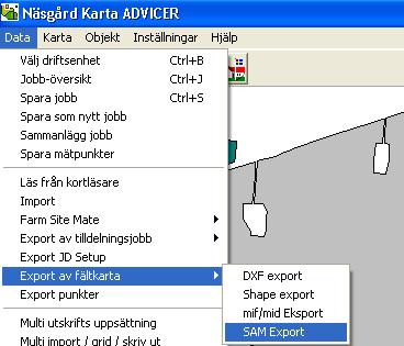 Export av data från Näsgård För att exportera filen väljer du Data, Export av fältkarta och SAM export En lista med alla fält och uppgifter visas.