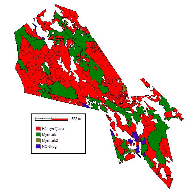 Resultat Efter sortering till domäner hamnade 37,94 hektar i domänen NO-Skog, 12,25 hektar i Myrmark, 756 och 1 451,08 hektar i domänerna Myrmark2 respektive Hänsyn-Tjäder.