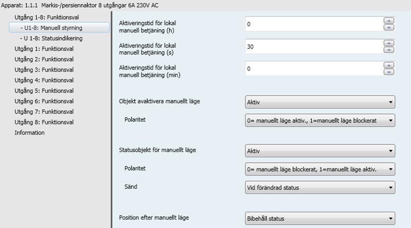 3.3 Manuellt läge I manuellt läge är enheten frånkopplad från KNX buss. Funktionen för den anslutna belastningen kan kontrolleras med den manuella lägesknappen.