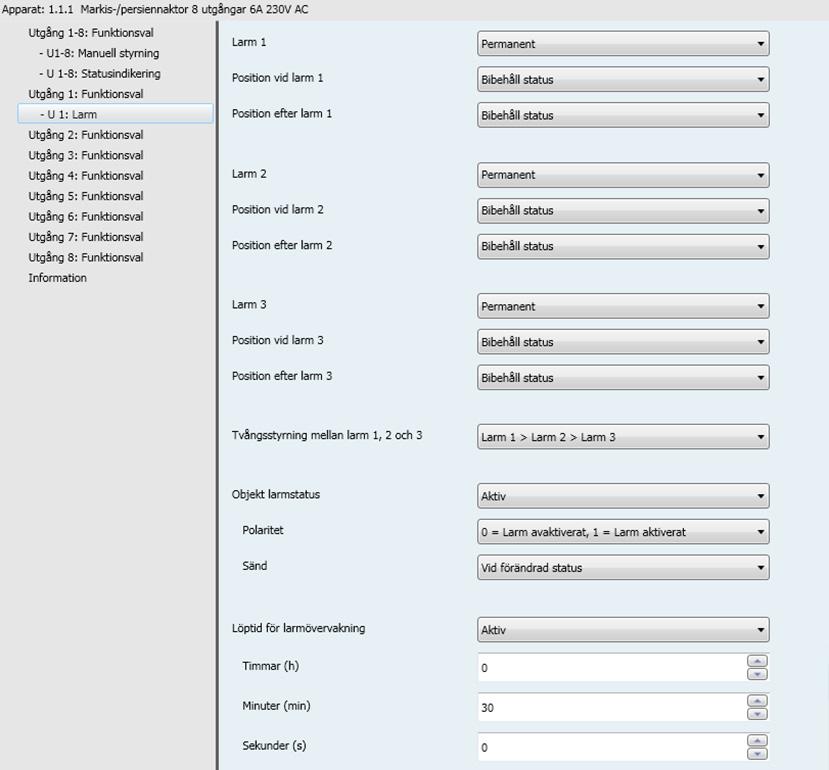 3.7.6 Larm 3.7.6.1 Larm 1 till 3 Larm X Denna parameter definierar om larmfunktionen ska vara aktiv permanent eller med tidsbegränsning.