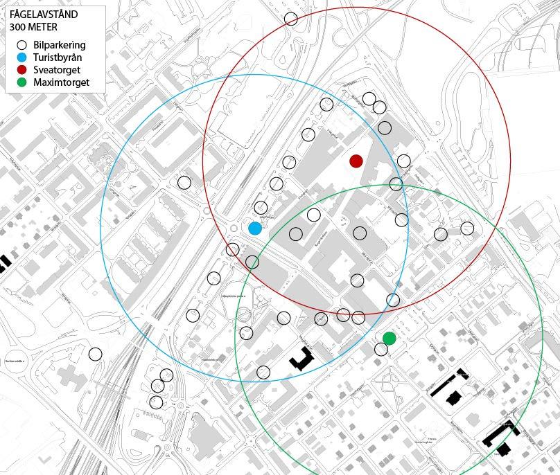 Figur 1. Illustration av ca 300 meter fågelväg från Turistbyrån, Sveatorget och Maximtorget.