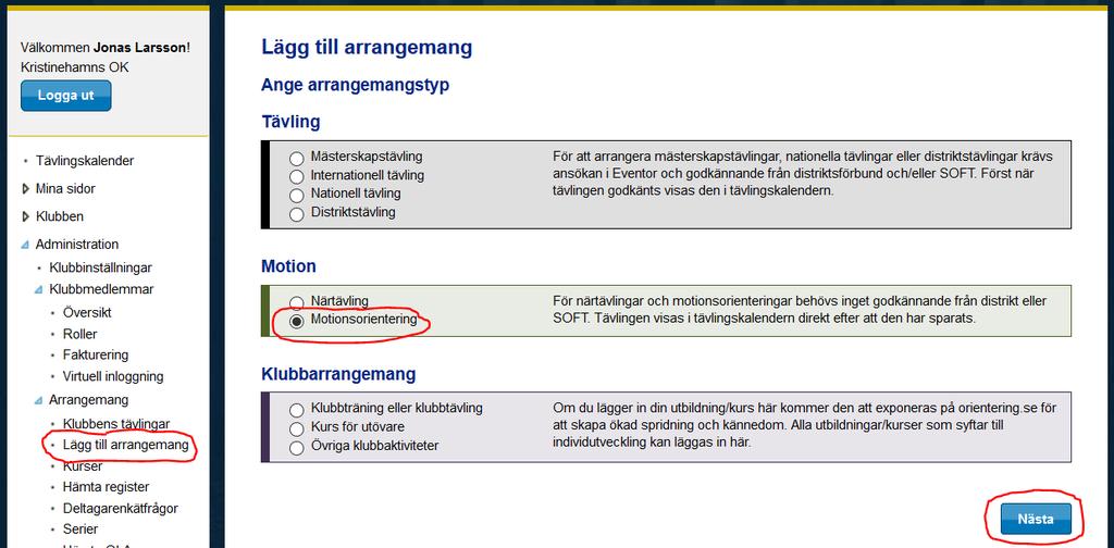 Administration/Arrangemang/Lägg till arrangemang i menyn till