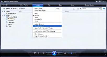Windows Media Player v11 på Windows XP Ställa in för nätverksdelning I Windows Media Player väljer du Library (Bibliotek) på menyn och väljer sedan Media sharing (Mediedelning).