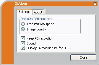 Presentationsverktyg USB-visning(Windows -dator) (fortsättn.) Alternativfönster Om du väljer Option knapp på den Flytande meny, kommer alternativfönstret att visas.