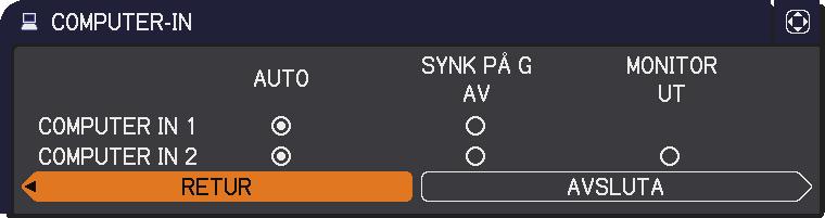 Artikel COMPUTER-IN BILDLÅS (fortsättn. på nästa sida) Beskrivning INSIGNAL-meny Datorinsignaltypen för COMPUTER IN1 och IN2-portarna kan ställas in.