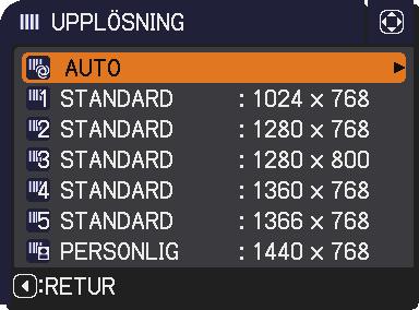 INSIGNAL-meny Artikel UPPLÖSNING Beskrivning Upplösningen för COMPUTER IN1- och COMPUTER IN2- -insignalerna kan ställas in på denna projektor.