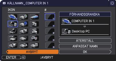 SKÄRMBILD-meny Artikel KÄLLNAMN (fortsättn. på nästa sida) Beskrivning Varje ingångsport för denna projektor kan tilldelas ett namn.