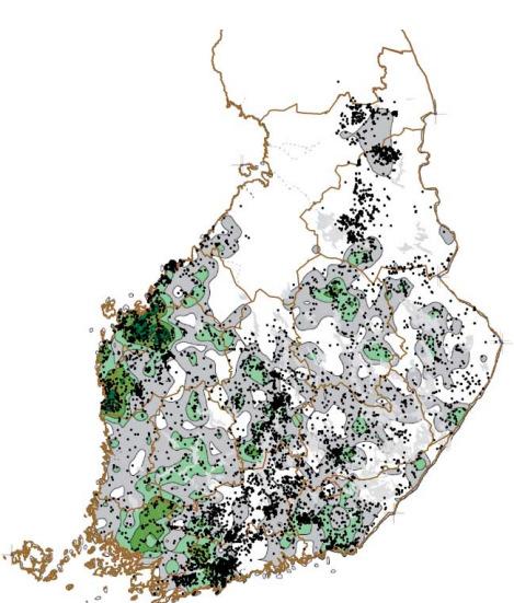 BILD 1. Observationer av flygekorre som registrerats i artdatabasen Hertta Eliölajit och av Nylands NTM-central. Observationerna visas som svarta punkter på kartan.