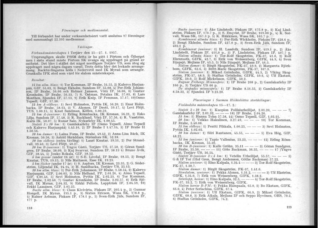 [ Föreningar och medlemsantal. Till förbundet har uuder verksamhetsåret varit anslutna 97 föreningar med sammanlagt 22.395 medlemmar. Tävlingar. Förbundsmästerskapen i Terjärv den 25-27. 1. 1957.