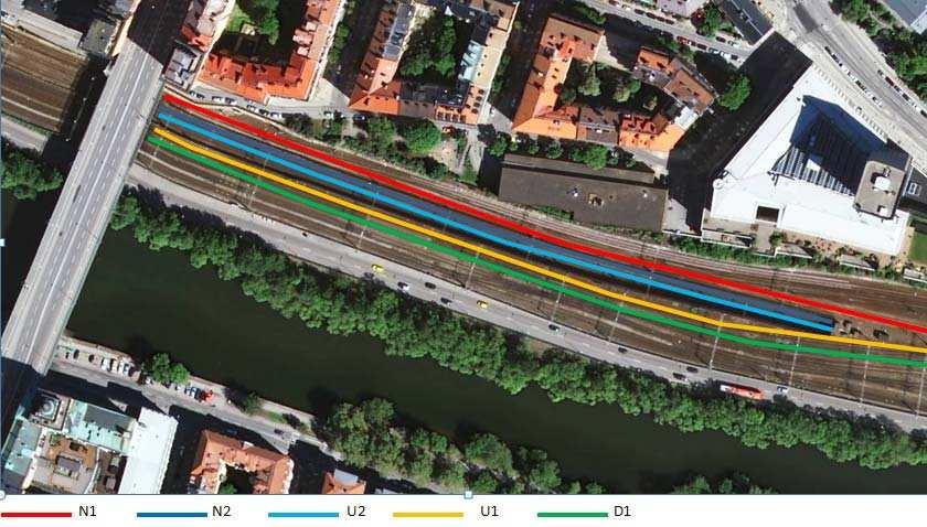 12 (38) Fördelning av tågtrafik på de olika spåren redovisas i tabell 3.2. På det närmaste spåret förekommer enligt uppgift /4/ ingen regelbunden person eller godstrafik.