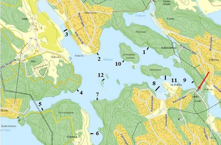 Albysjön Albysjön inventerades den augusti med tolv transekter, figur 4, tabell 5 samt bilaga och 2. Sjön ligger i Tyresö kommun och har en area på 0,7 km 2.