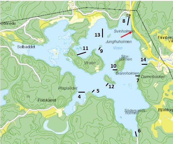 Viren Viren inventerades den 29 augusti med elva transekter, se figur 6, tabell 6 samt bilaga och 2. Sjön ligger i Österåker kommun och har en area på,36 km 2.