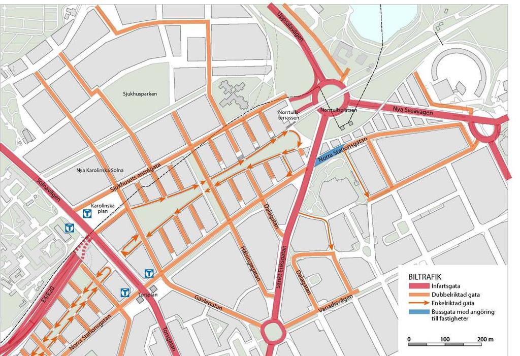 12 (18) S-Dp 2009-02013-54 Biltrafik Detaljplaneområdet har direkt kontakt med det statliga vägnätet via ramper söderut på Norra Länken. Klarastrandsleden kan också nås från ramperna till Solnabron.