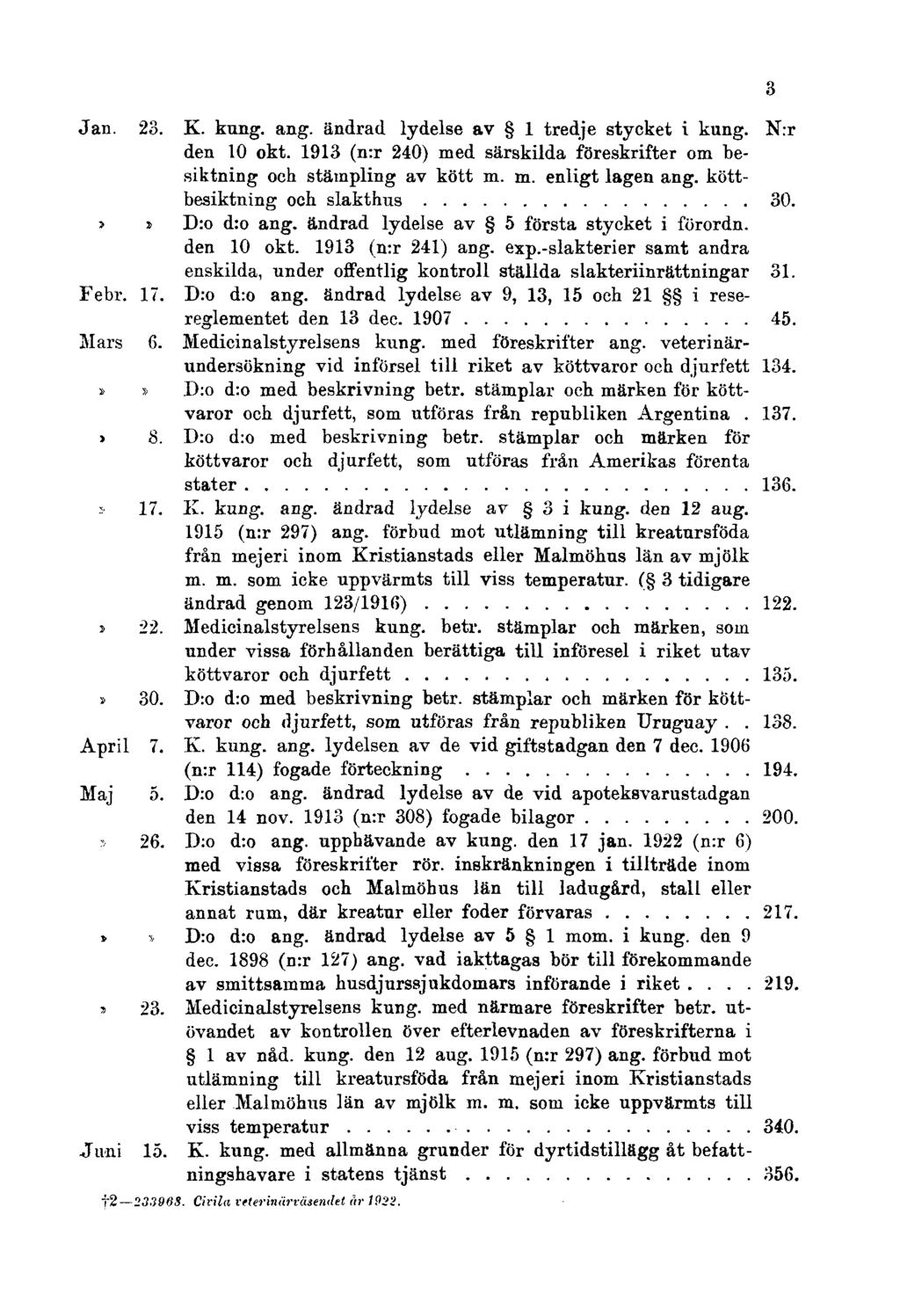 Jan. 23. K. kung. ang. ändrad lydelse av 1 tredje stycket i kung. N:r den 10 okt. 1913 (n:r 240) med särskilda föreskrifter om besiktning och stämpling av kött m. m. enligt lagen ang.