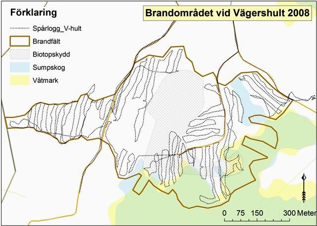 Figur 5. Schematisk karta från brandområdet vid Vägershult. Spårlogg inspelad med Magellan explorist XL vid inventeringen sommaren 2009.