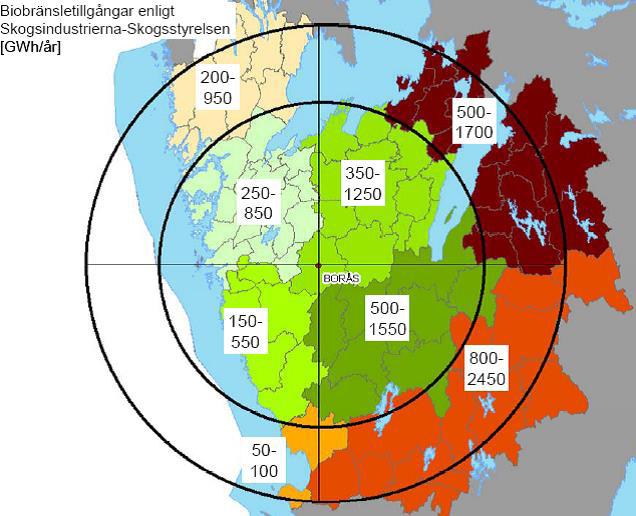 Biobränsletillgång i Borås med omnejd enligt Skogsindustrierna - Skogsstyrelsen (GWh/år).