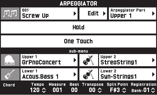 Spelning med olika toner Automatisk ljudning av arpeggiofraser (Arpeggiator) Arpeggiatorn gör det möjligt att spela olika arpeggion och övriga fraser automatiskt genom att blott trycka på tangenterna.