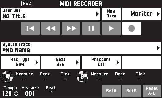 Inspelning och avspelning Inspelning i den digitala klaviaturens minne (MIDI-inspelning) Följ anvisningarna nedan för att spela in klaviaturspelning i den digitala klaviaturens minne. 1.