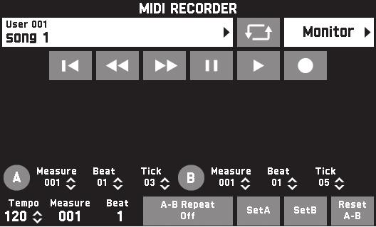 Inspelning och avspelning Att justera balansen mellan avspelningsoch klaviaturvolym (MIDI-volym) Det är möjligt att enbart ändra volymnivån för autospelning av MIDI-data, utan att det påverkar