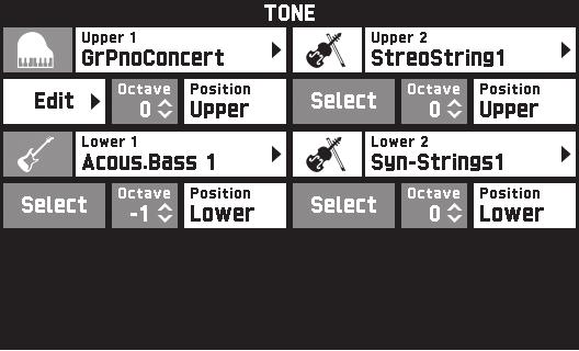 Konfigurering av den digitala klaviaturens inställningar Menyn TONE Använd denna meny till att konfigurera ton och andra klaviaturinställningar.
