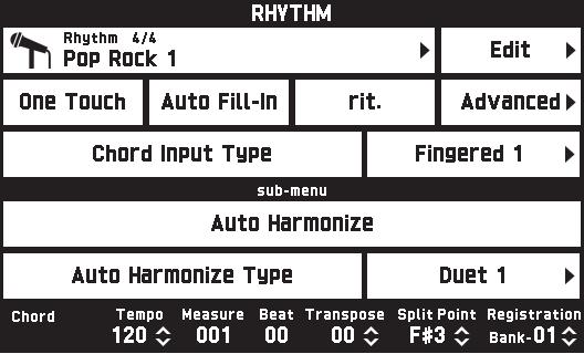 Konfigurering av den digitala klaviaturens inställningar Menyn RHYTHM Använd denna meny till att konfigurera autokompinställningar. Post Beskrivning Inställning Rhythm Ställer in rytmen.