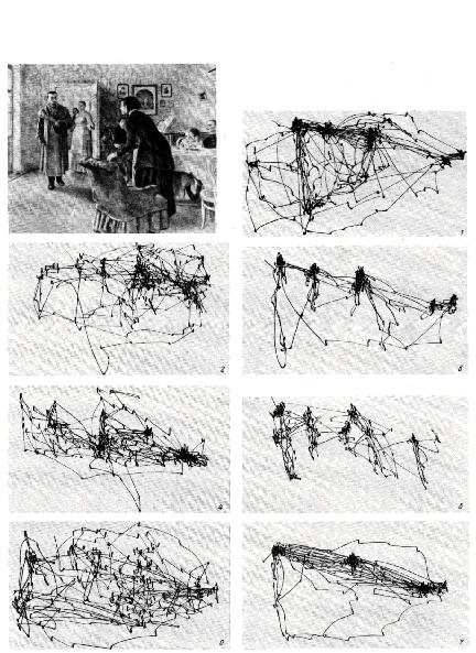 Seven records of eye movements by one subject.