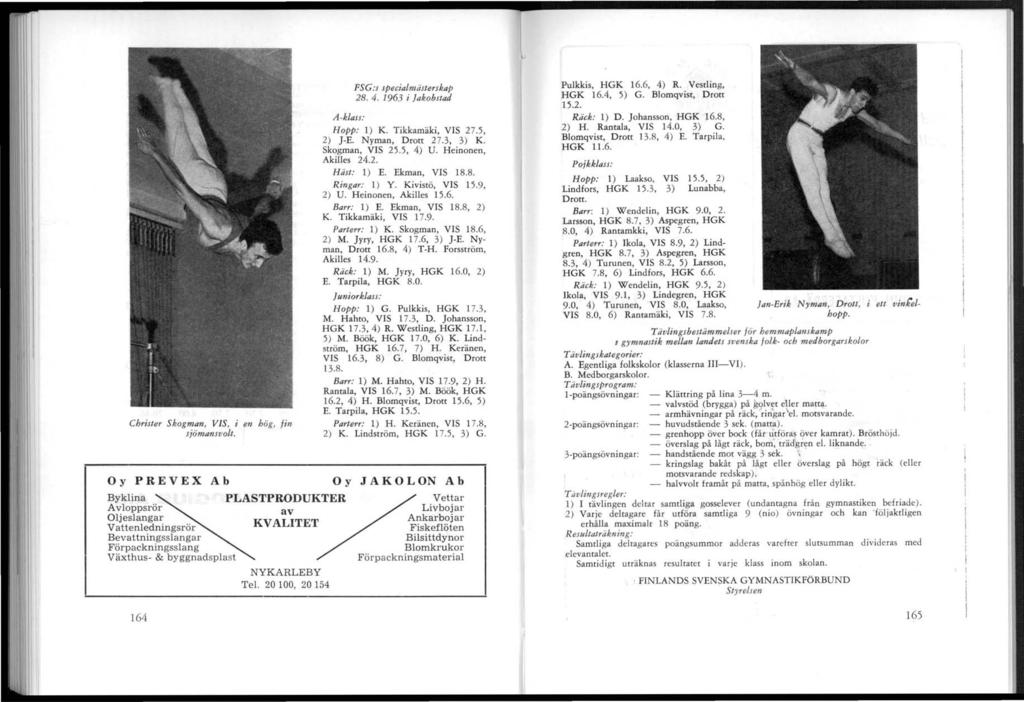 Christer Skogman, VIS, i en hög, iin siömansvolt. Oy PREVEX Ab FSG:s specialmästerskap 28. 4. 1963 i Jakobstad A-klass: Hopp: 1) K. Tikkamäki, VIS 27.5, 2) J-E. Nyman, Drott 27.3, 3) K.