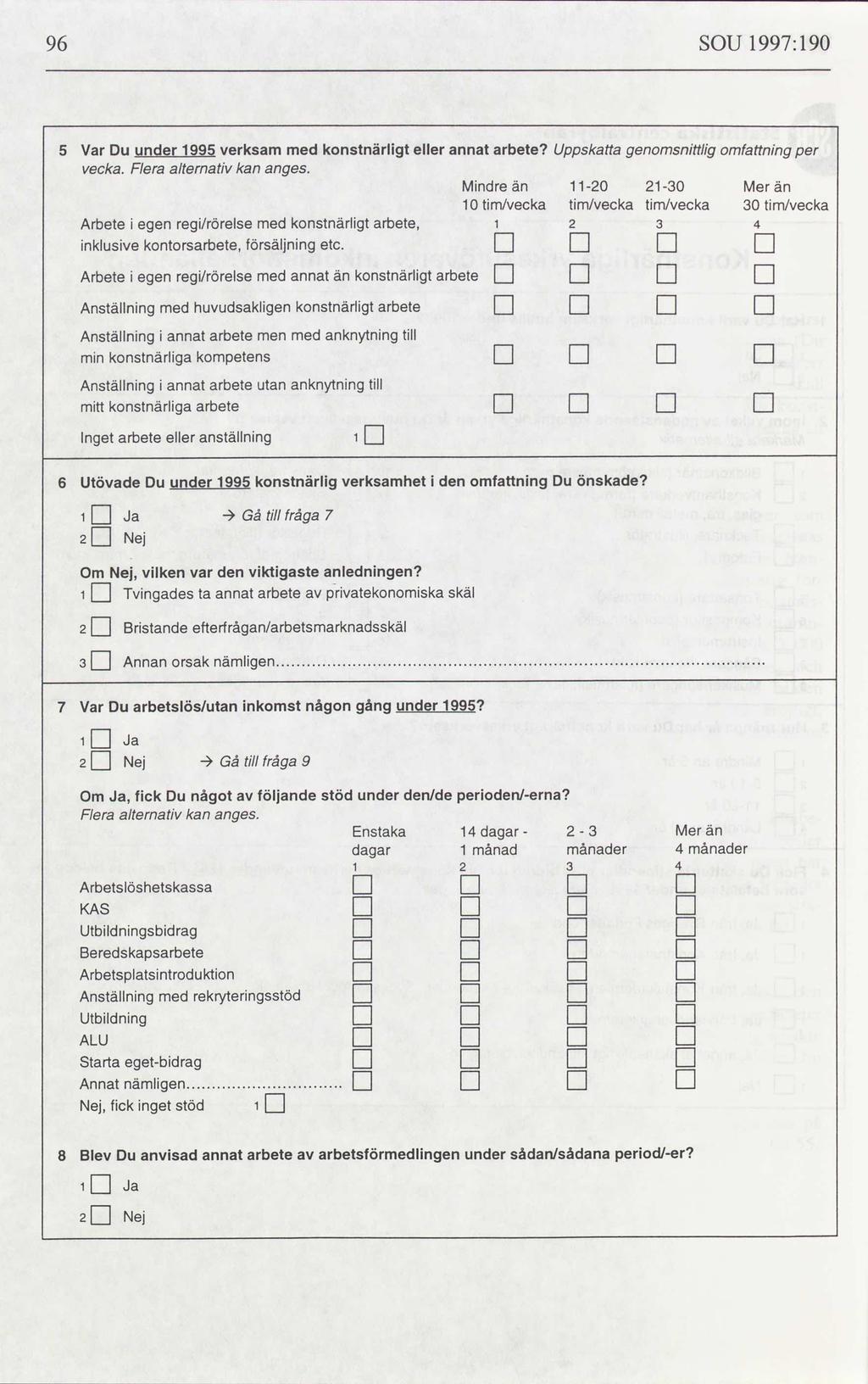 96 SOU 1997:190 5 Var Du under 1935verksam med konstnärligt eller annatarbete uppskattagenomsnittligomfattningper vecka. Fleraalternativkan anges.