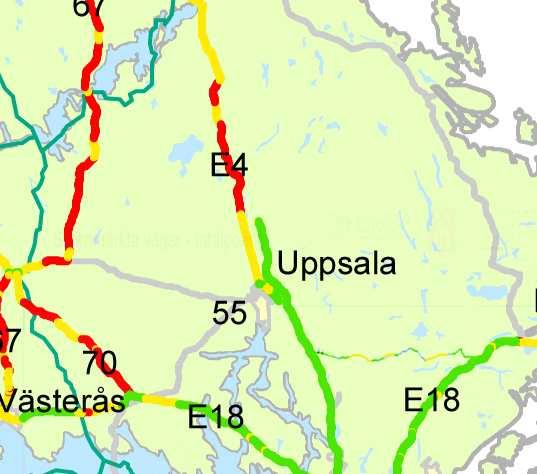 Uppsala län Inom Uppsala län har under 2007 riksväg 70 från Enköping till länsgränsen mot Västmanland och riksväg 56 Heby till länsgränsen mot Gävleborg inspekterats, samt även E4 och E18.