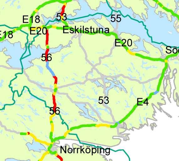 För riksväg 56 kvarstår den låga säkerhetsnivån, med framför allt osäkert mittområde men också sidoområden med låg säkerhetsstandard, med vissa mindre förbättringar.