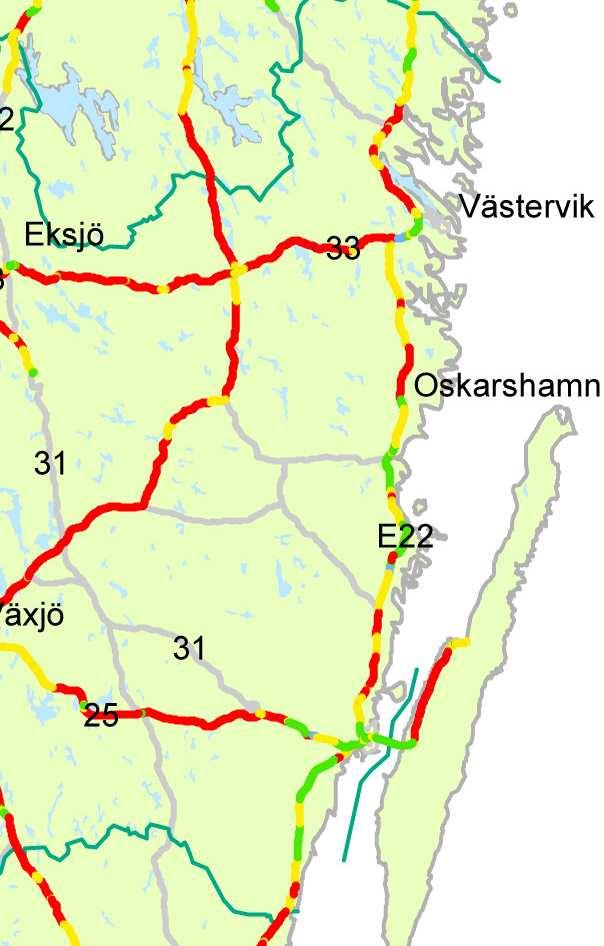 Kalmar län Kalmar län domineras av vägar med låg säkerhetsklassning. Riksväg 23, riksväg 25 och riksväg 40 är till övervägande del säkerhetsmässigt underkända.