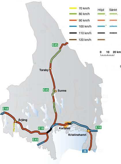 v Vid hastighetsjusteringen sänktes hastigheten på några kortare delsträckor av E45 och E18 men i huvudsak skedde inga förändringar av hastighetssättningen.