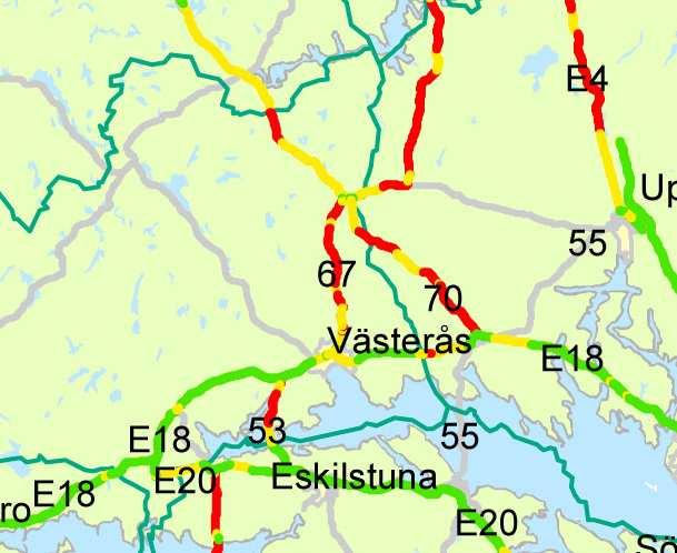 På den icke godkända delen av riksväg 56 har hastigheten sänkts, även på E18