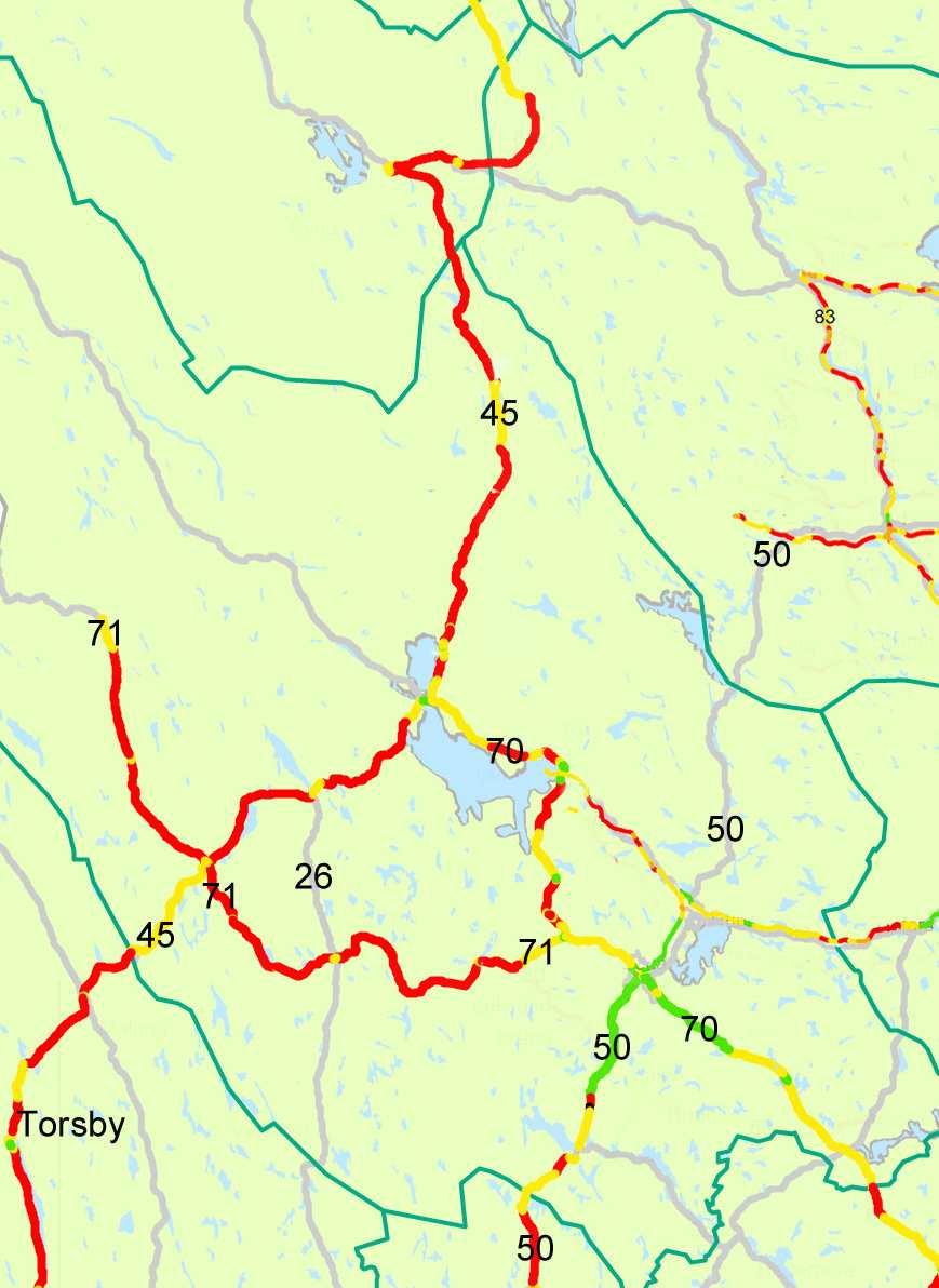 Dalarnas län Dalarna har vägar som domineras av låg säkerhetsnivå, dels E45, men även riksväg 71 öster om Borlänge.