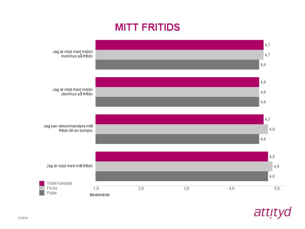 Mitt fritids Inom indexområdet Mitt fritids har vi det högsta medelvärdet 4,8 vid påståendet Jag är nöjd med mitt fritids.