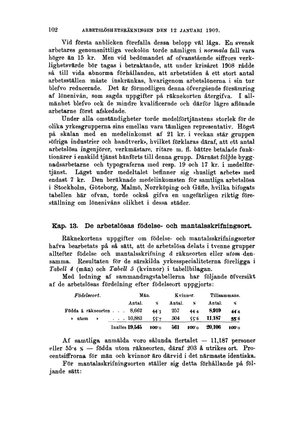 102 ARBETSLÖSHETSRÄKNINGEN DEN 12 JANUARI 1909. Vid första anblicken förefalla dessa belopp väl låga. En svensk arbetares genomsnittliga veckolön torde nämligen i normala fall vara högre än 15 kr.