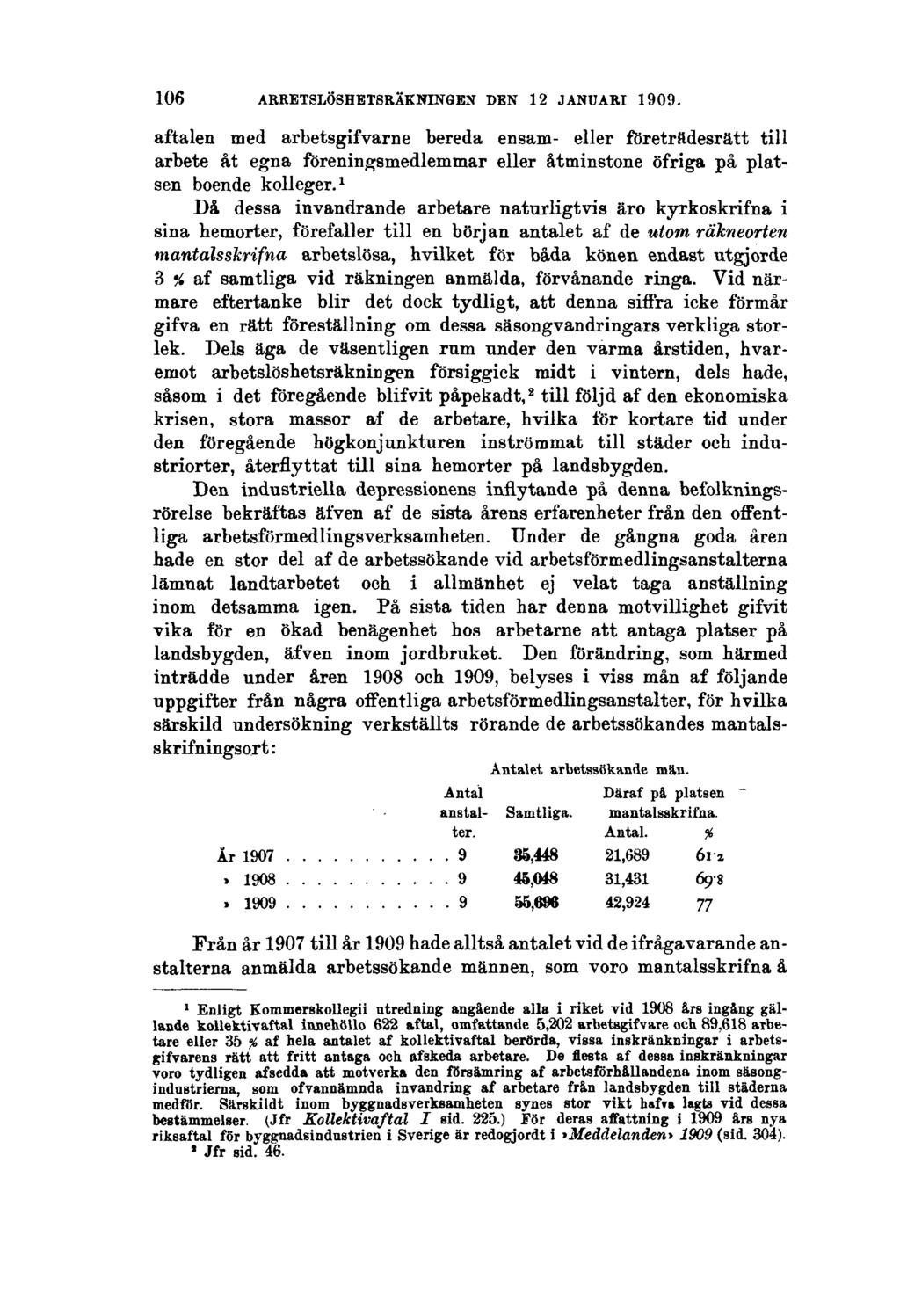 106 ARRETSLÖSHETSRÄKNINGEN DEN 12 JANUARI 1909. aftalen med arbetsgifvarne bereda ensam- eller företrädesrätt till arbete åt egna föreningsmedlemmar eller åtminstone öfriga på platsen boende kolleger.