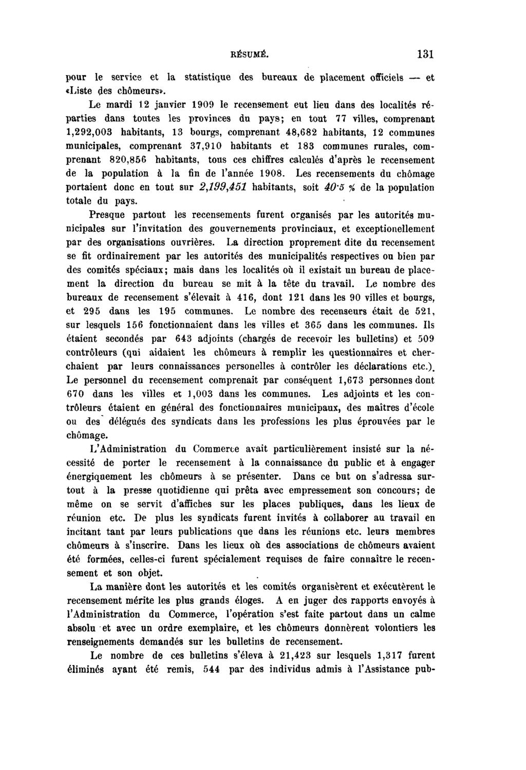 RÉSUMÉ. 131 pour le service et la statistique des bureaux de placement officiels et «Liste des chômeurs».