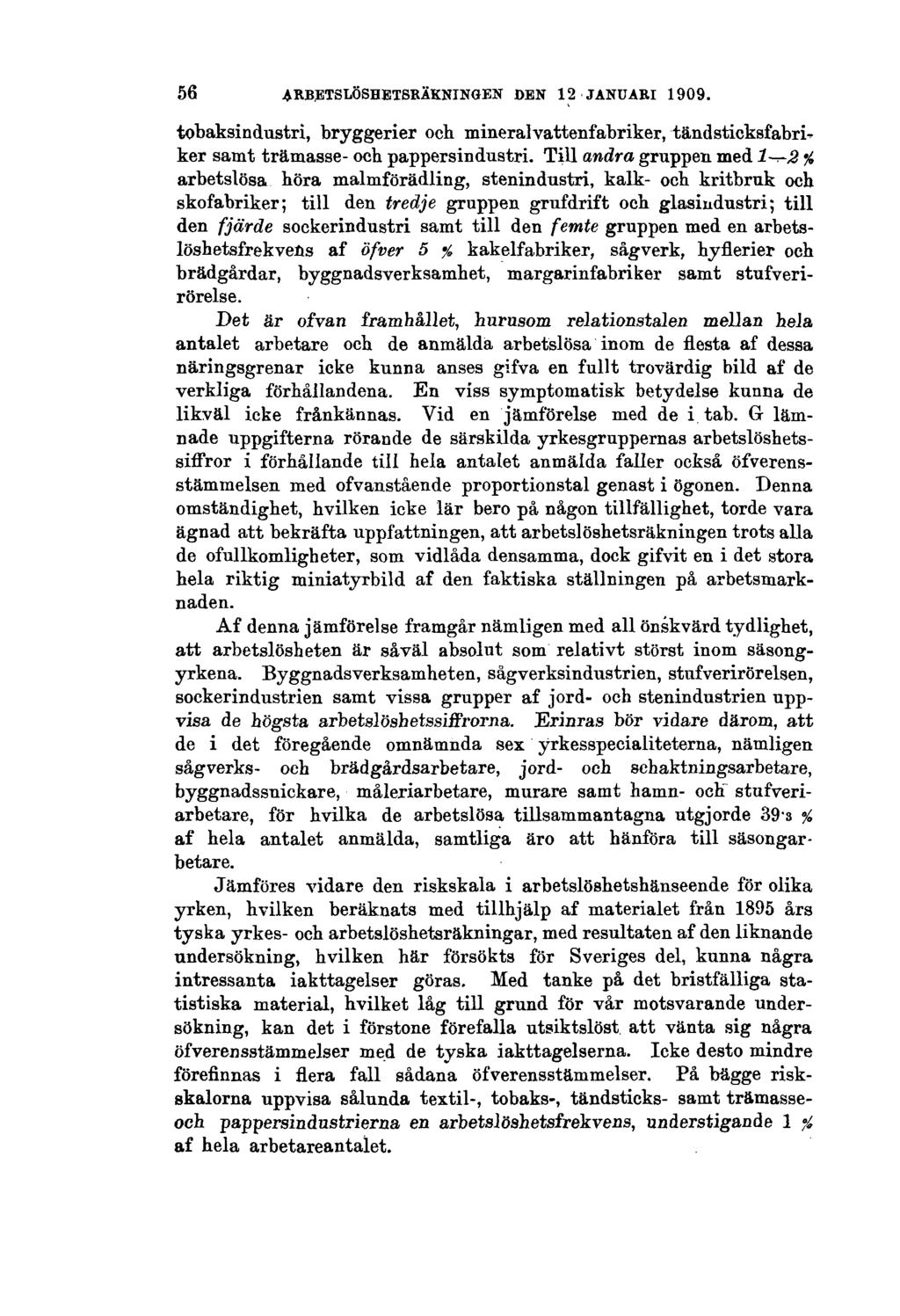 56 ARBETSLÖSHETSRÄKNINGEN DEN 12 JANUARI 1909. tobaksindustri, bryggerier och mineralvattenfabriker, tändsticksfabrik ker samt tramasse- och pappersindustri.