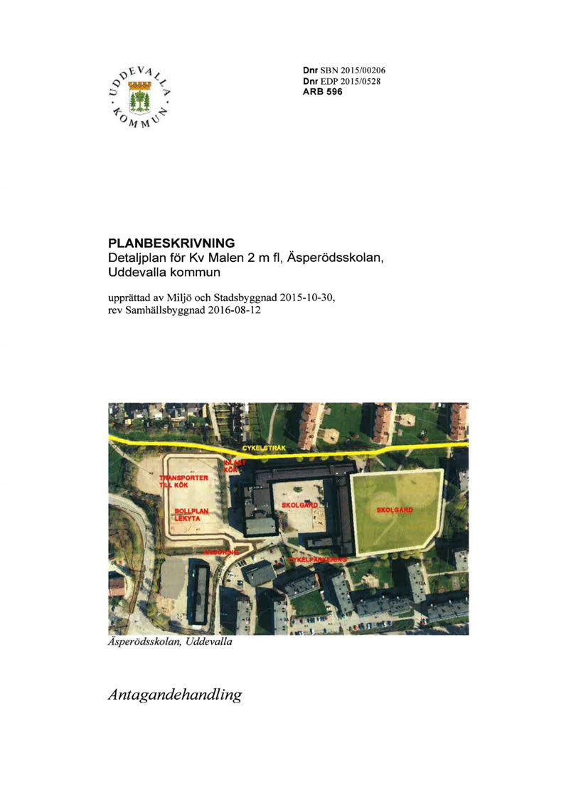 Dnr SBN 2015/00206 Dnr EDP 2015/0528 ARB 596 PLANBESKRIVNING Detaljplan förkvmalen 2m fl, Äsperödsskolan,