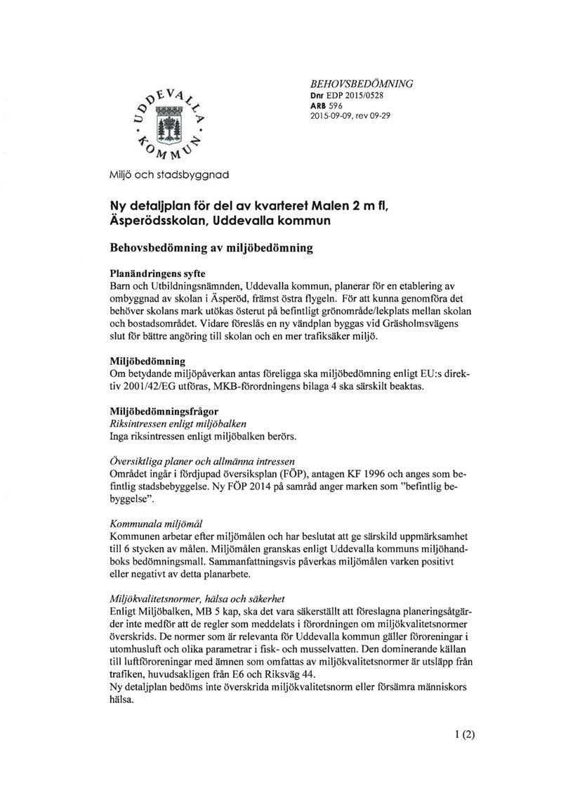 BEHOVSBEDÖMNING Dnr EDP 2015/0528 ARB 596 2015-09-09, rev 09-29 Miljö och stadsbyggnad Ny detaljplan för del av kvarteret Malen 2 m fl, Äsperödsskolan, Uddevalla kommun Behovsbedömning av