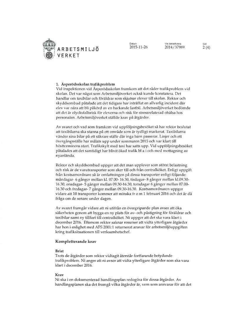 [i,/ ARBETSMILJÖ VERKET Dal u m Var belecknmo 2015-11-26 2014/37989 Sr d 2 (4) 1. Äsperödssko)an trafikproblem Vid inspektionen vid Äsperödsskolan framkom att det råder b afikprublem vid skolan.