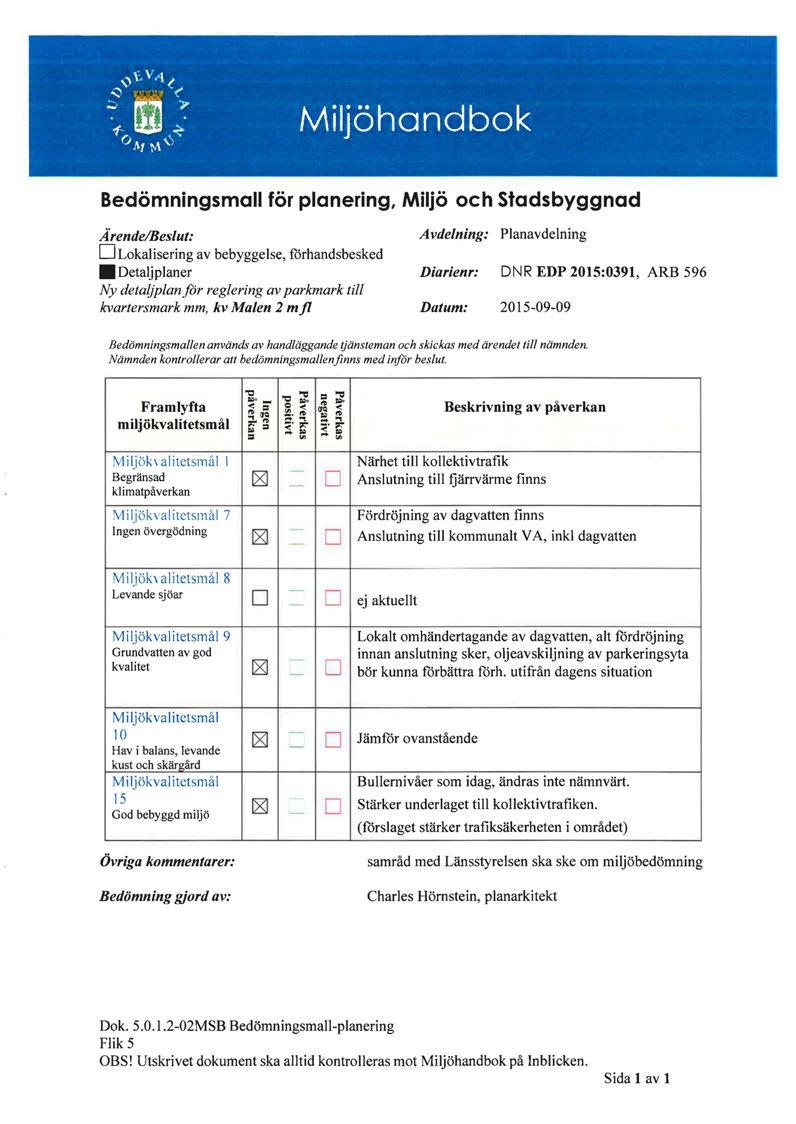 Bedömningsmall för planering, Miljö och stadsbyggnad Å rende/beslut: Avdelning: Planavdelning D Lokalisering av bebyggelse, fårhandsbesked Detaljplaner Diarienr: DNR EDP 2015:0391, ARB 596 Ny