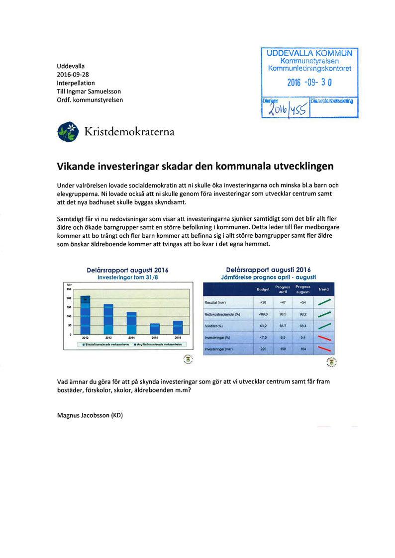 Uddevalla 2016-09-28 Interpellation Tillingmar Samuelsson Ordf. kommunstyrelsen UDDEVALLA KOMiv~UN Kommunstyrelsen Kommunledningskontoret 2016-09- 3 o,~)~h~~ Ulili!!p~.
