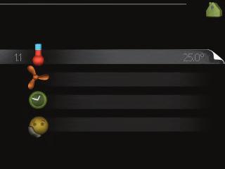 Menynummer - markerad undermeny Namn och menynummer - huvudmeny INOMHUSKLIMAT VARMVATTEN INOMHUSKLIMAT 1 Symbol - huvudmeny temperatur ventilation schemaläggning normal från avancerat VÄRMEPUMP INFO