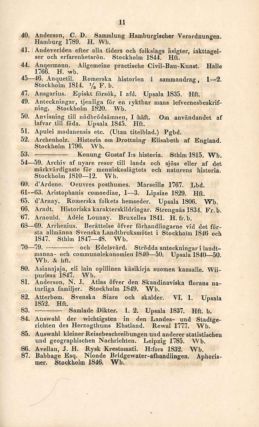 Konung Samlade 11 40. Anderson, C. D. Sammlung Hamburgischer Verordnungen. Hamburg 1789. H. Wb. 41. Andeverlden efter alla tiders och folkslags åsigter, iakttagelser och erfarenhetsrön.