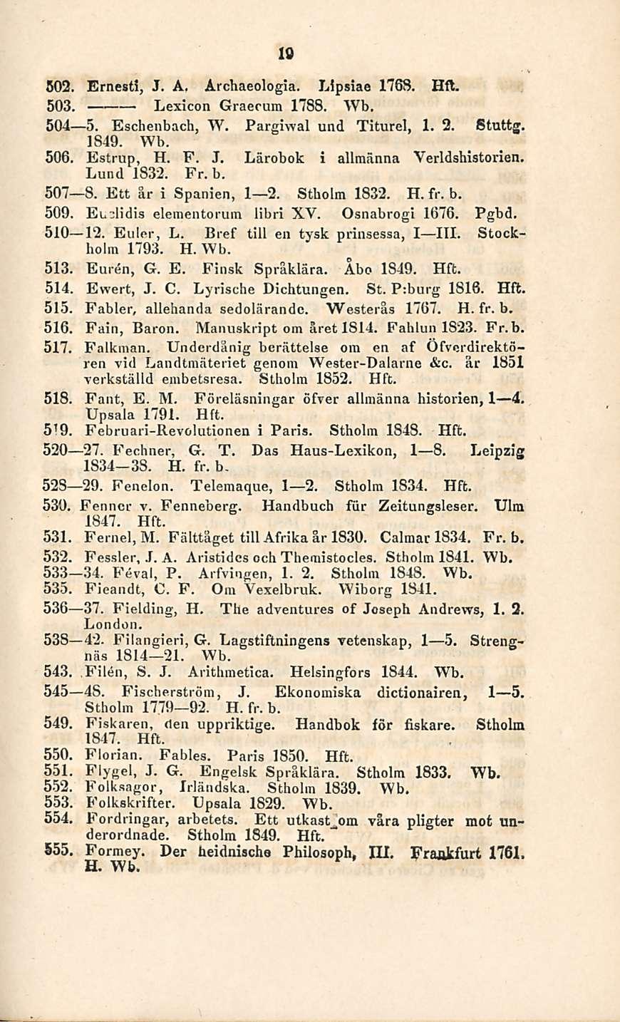 19 "* 502. Ernesti, J. A. Archaeologia. Lipslae 1768. Hfl. 503. Lexicon Graerum 1788. Wb. 504 5. Eschenbach, W. Pargiwal und Titurel, 1. 2. Stuttg. 1849. Wb. 506. Estrup, H. F. J. Lärobok i allmänna Verldshistorien.