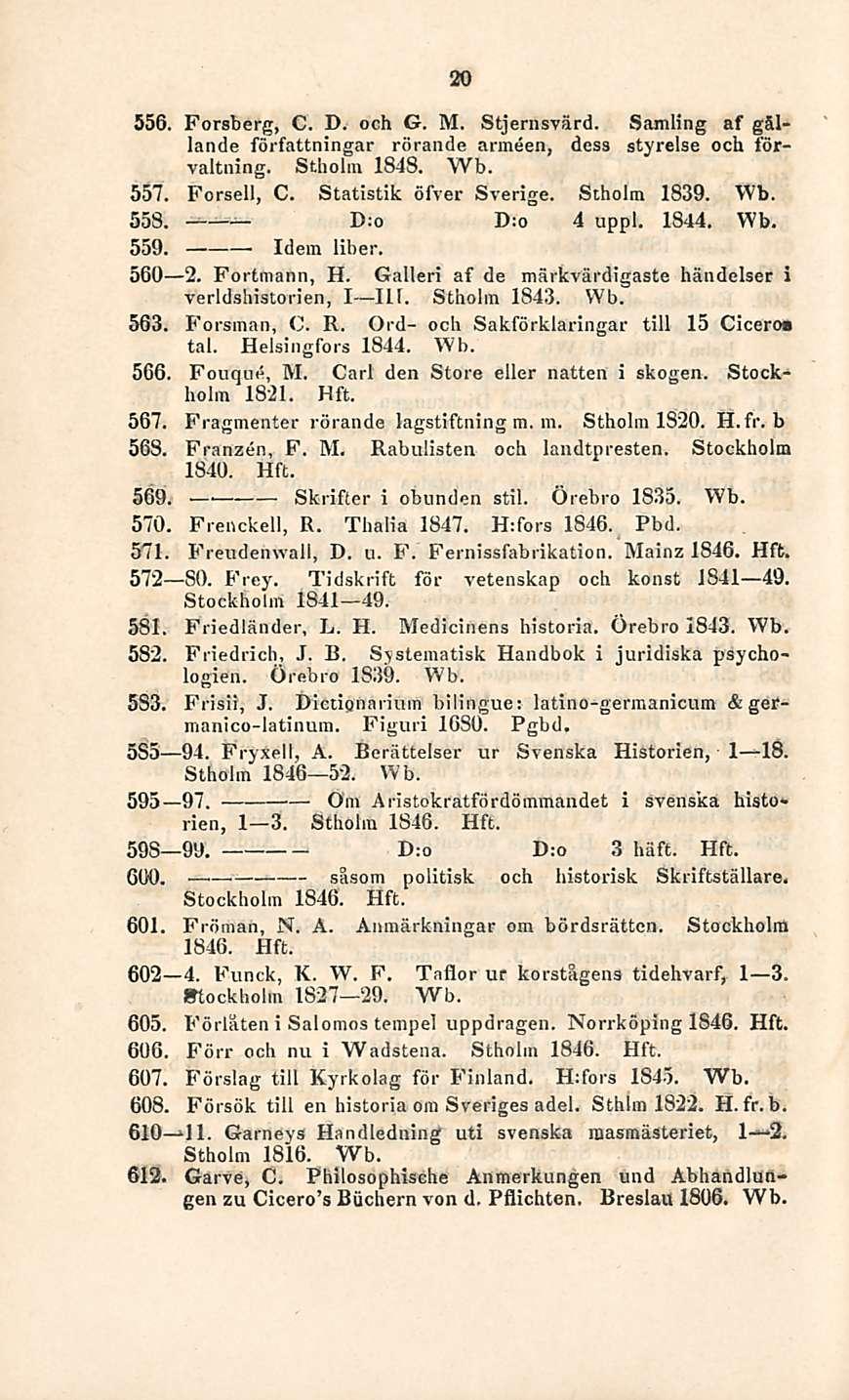 Skrifter såsom 20 556. Forsberg, C. D. och G. M. Stjernsvärd. Samling af gällande författningar rörande anneen, dess styrelse och förvaltning. Stholm 1848. Wb. 557. Forsell, C.