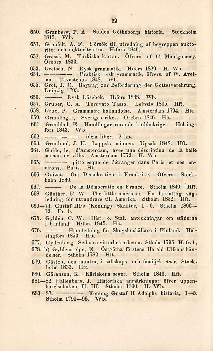 22 050. Granberg, P. A. Staden Götheborgs historia. Stockholm 1815. Wb. 651. Granfelt, A. P. Försök tili utredning af begreppen auktoritet och auktoritetstro. H;fors 1846. 652. Grassi, M.